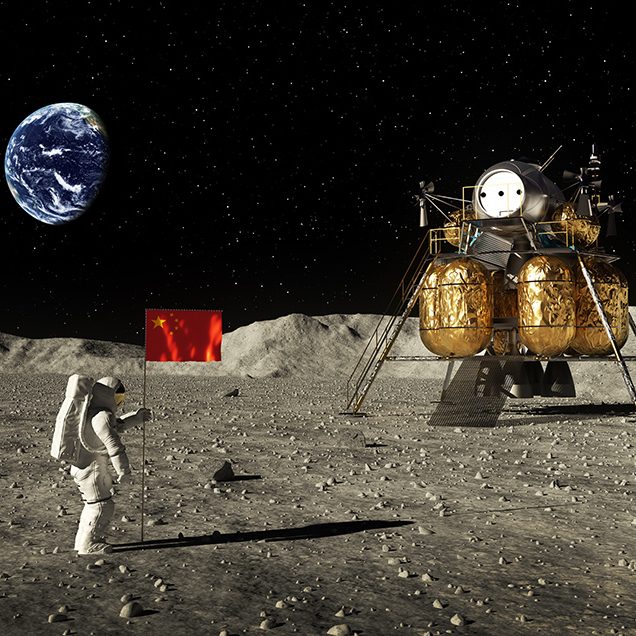 Illustration: Astronauts set a Chinese flag on the moon © Adobe Stock/3dsculptor