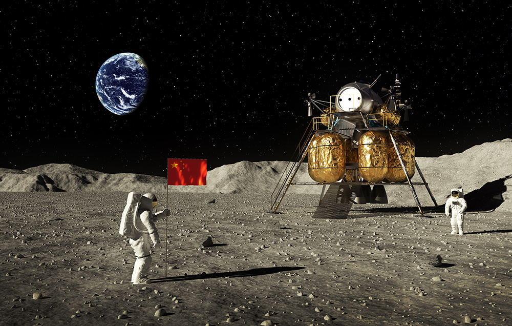 Illustration: Astronauts set a Chinese flag on the moon © Adobe Stock/3dsculptor