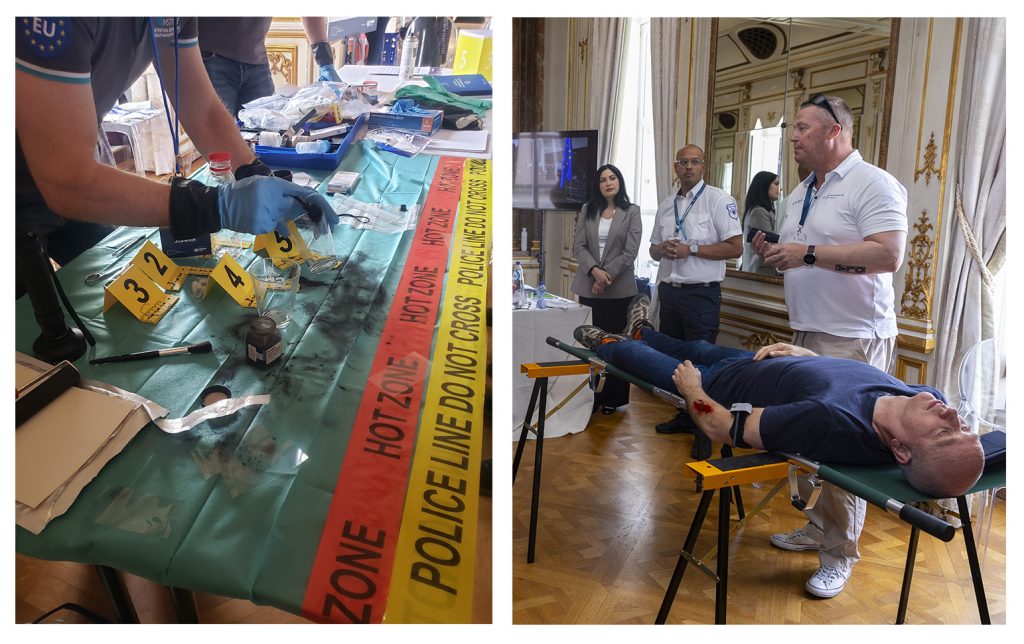 Demonstrations during the historical walk. On the left: crime scene involving CBRN material; on the right: medical care after a CBRN attack © ENJ; Bernal Revert for the EU