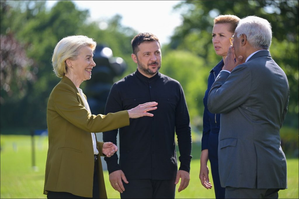 From left to right: EU Commission President Ursula von der Leyen, Ukraine’s President Volodymyr Zelenskyy, Danish Prime Minister Mette Frederiksen, and European Council President António Costa in Copenhagen on the occasion of the opening of the Danish EU Presidency, 3 July 2025. © European Union, 2025, CC BY 4.0