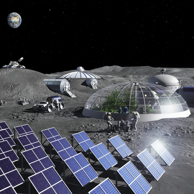 Artist impression showing a multidome lunar base, based on the 3D printing concept. ©: ESA – P. Carril Artist impression showing a multidome lunar base, based on the 3D printing concept. ©: ESA – P. Carril