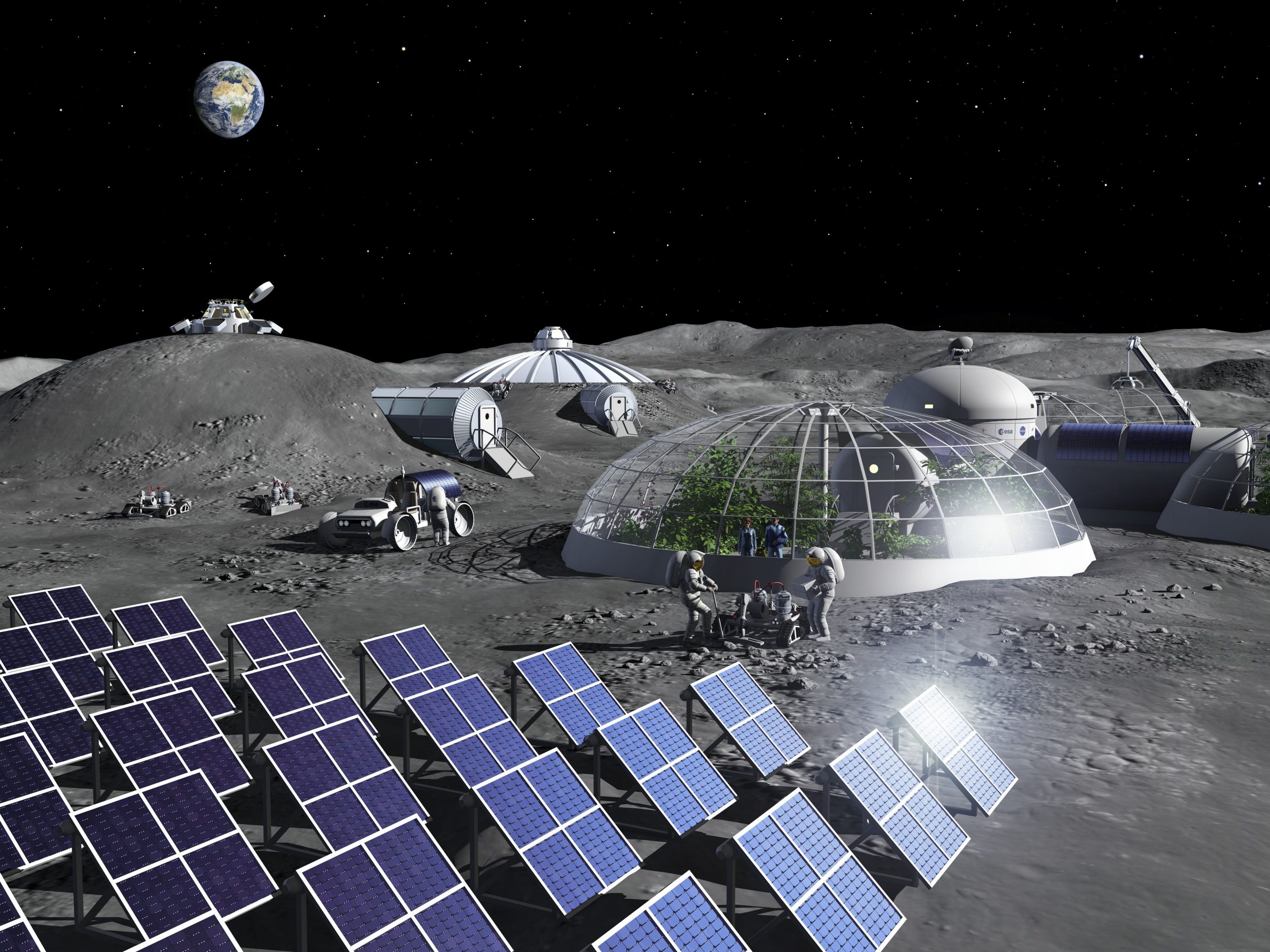 Artist impression showing a multidome lunar base, based on the 3D printing concept. ©: ESA – P. Carril